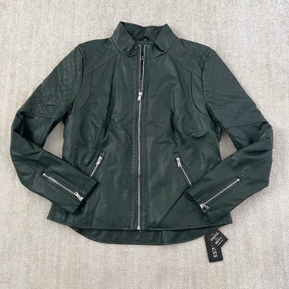 NWT Guess Green Faux Leather Moto Zip Up Jacket L - Picture 1 of 10